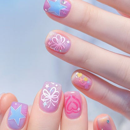Short Square Press-On Nail Set – Pastel Purple Star & Floral Kawaii Nails | Glossy Reusable False Nails (Set of 12)