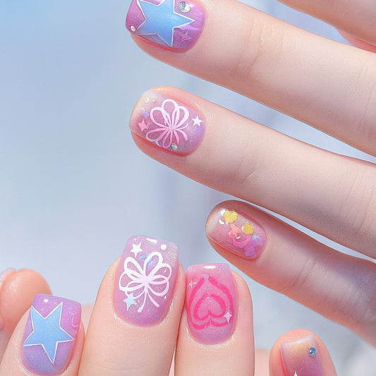 Short Square Press-On Nail Set – Pastel Purple Star & Floral Kawaii Nails | Glossy Reusable False Nails (Set of 12)