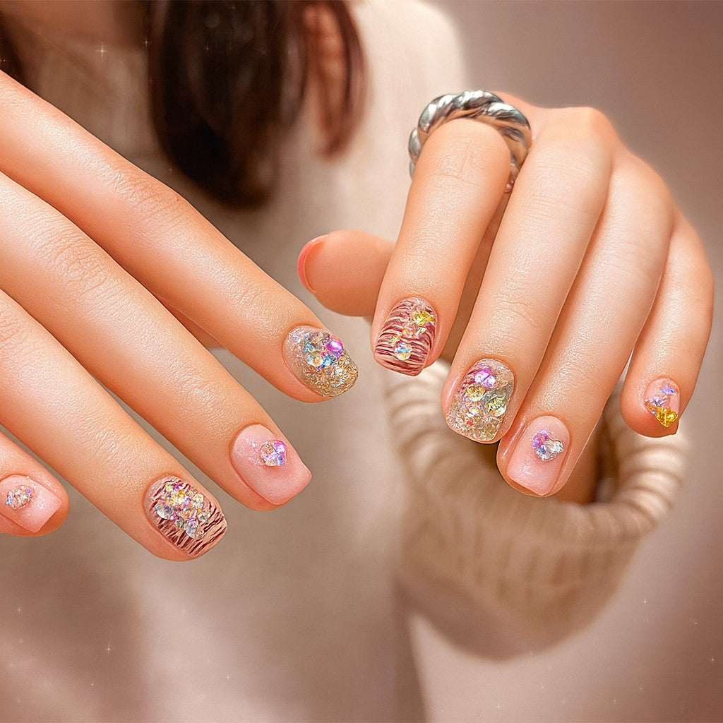 Short Square Press-On Nail Set – Rose Gold Glitter Chrome Foil with Iridescent Crystal Accents | Glossy Reusable False Nails (Set of 12)