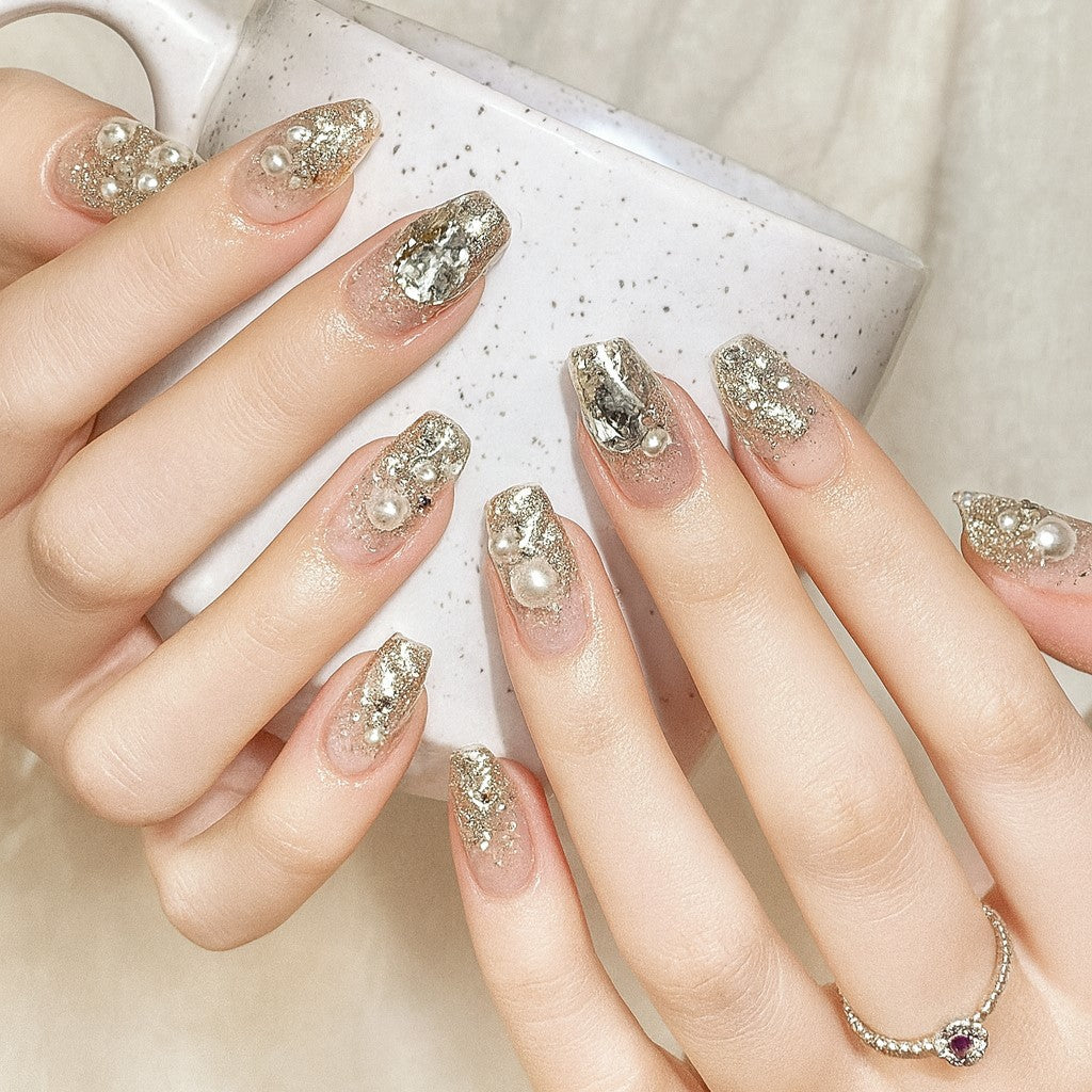 Coffin Shape Press-On Nail Set – Champagne Gold Glitter Pearl Nails with Mirror Foil | Glossy Reusable False Nails (Set of !2)