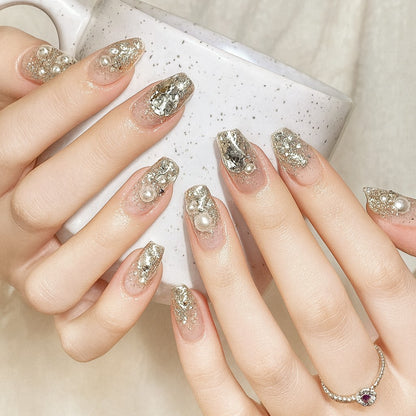 Coffin Shape Press-On Nail Set – Champagne Gold Glitter Pearl Nails with Mirror Foil | Glossy Reusable False Nails (Set of !2)