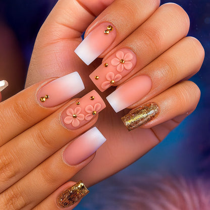 Long Square Press-On Nail Set – Matte Pink Ombre Flower Nails with Gold Glitter Accent | Reusable False Nails (Set of 12)