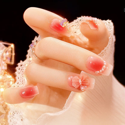 Blush Bloom Bow Square Press-On Nails – Pink Jelly Floral Rhinestone Nail Set (Set of 12)