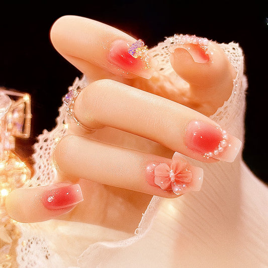 Blush Bloom Bow Square Press-On Nails – Pink Jelly Floral Rhinestone Nail Set (Set of 12)