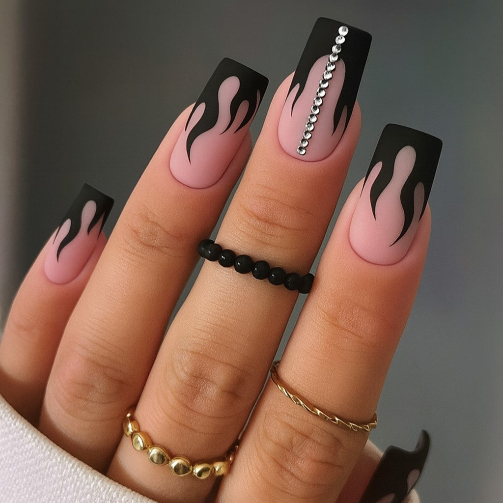 Black Flame Coffin Press-On Nails – Nude Matte Gothic Rhinestone Nail Set (Set of 12)