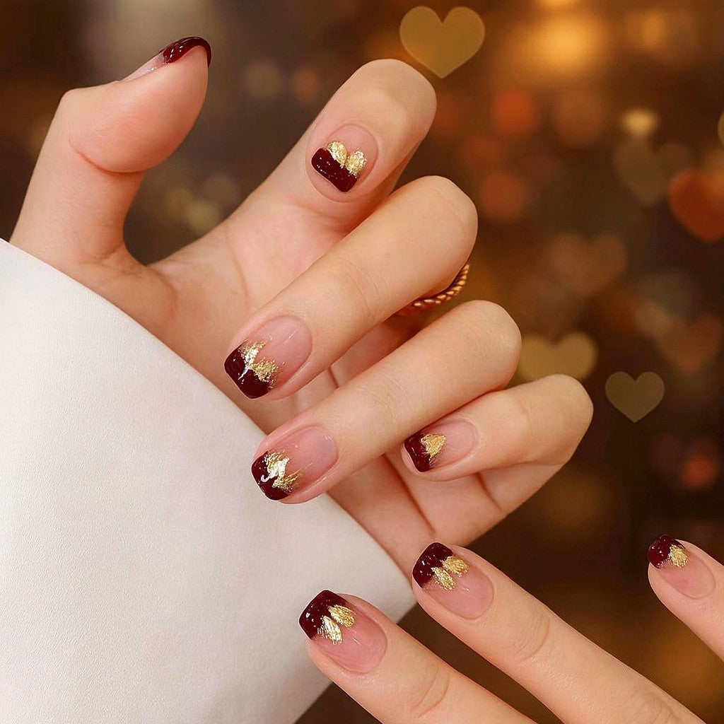 Burgundy French Tip Gold Leaf Press-On Nails – 12 Piece Glossy Short Oval Nail Set