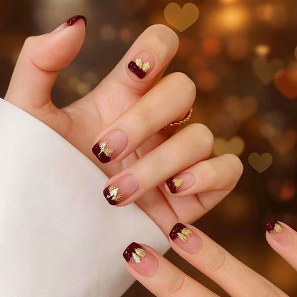 Burgundy French Tip Gold Leaf Press-On Nails – 12 Piece Glossy Short Oval Nail Set