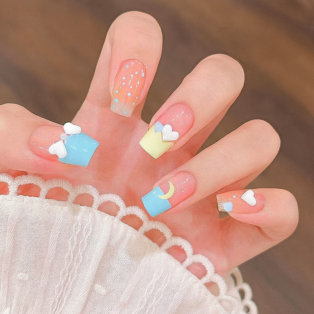 Square Press-On Nail Set – Pastel Blue & Yellow Hearts with 3D Bow | Glossy Reusable False Nails (Set of 12)