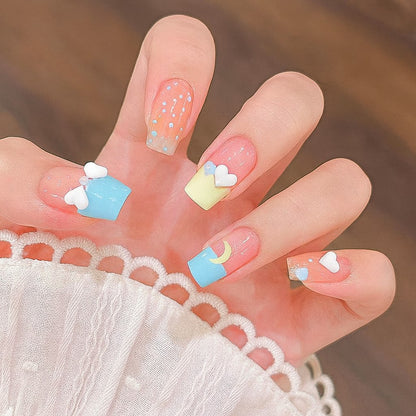 Square Press-On Nail Set – Pastel Blue & Yellow Hearts with 3D Bow | Glossy Reusable False Nails (Set of 12)