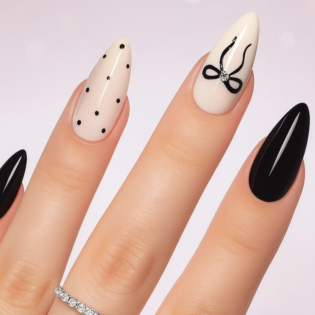 Black & White Bow Almond Press-On Nails – Elegant Monochrome Nail Set (Set of 12)