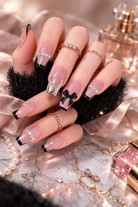 Black French Glitter Coffin Press-On Nails – 3D Bow & Rhinestone Glam Nail Set (Set of 12)