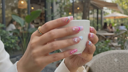 Pink Cloud Heart Press-On Nails with French Tips | 24-Piece Reusable Glossy Nail Set