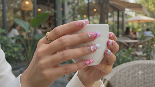 Pink Cloud Heart Press-On Nails with French Tips | 24-Piece Reusable Glossy Nail Set